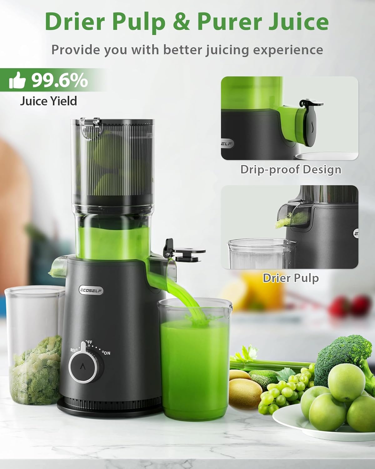 Juicer Machines, ECOSELF Large Feed Chute for Family Needs, Professional Hands Free Cold Press Juicer For Whole Fruits & Vegetables, Self Feeding for Juice Extractor Machine, Easy to Clean
