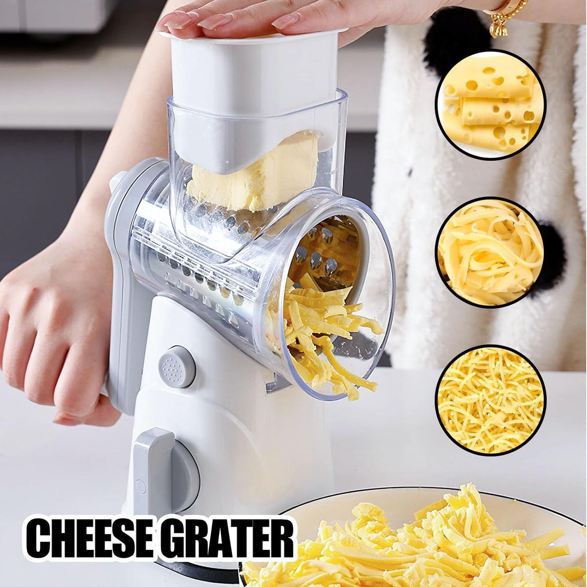 RAINBEAN Rotary Cheese Grater for Kitchen, Hand Crank Cheese Shredder with 3 Interchangeable Blades, Rotary Grater with Handle and Strong Suction Base, for Vegetables, Fruit, Nuts