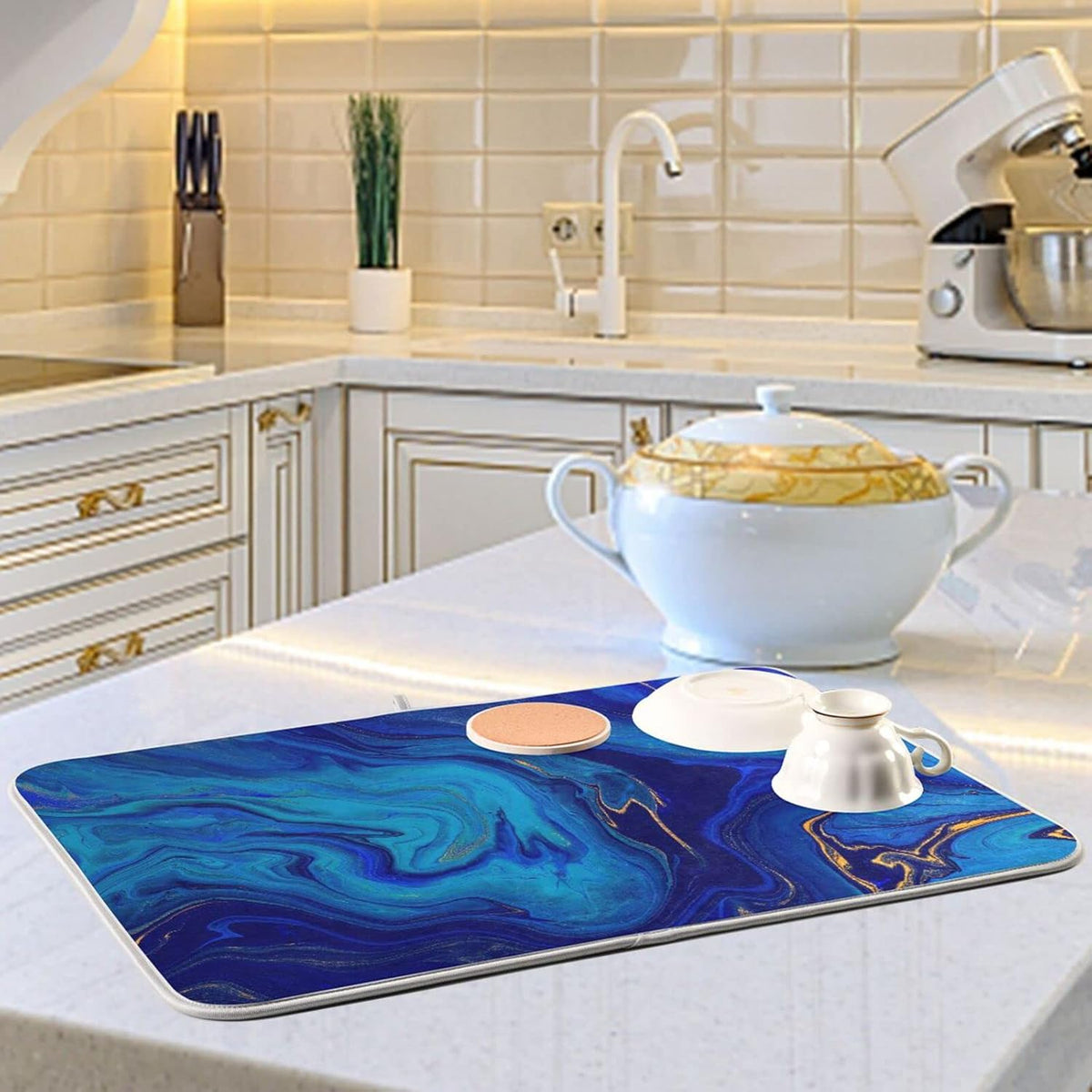 Super Absorbent Dish Drying Mat, Microfiber Fast-Drying Dish Mat, 16" x 18", Kitchen Dish Drying Pad, Navy Blue Gold Marble