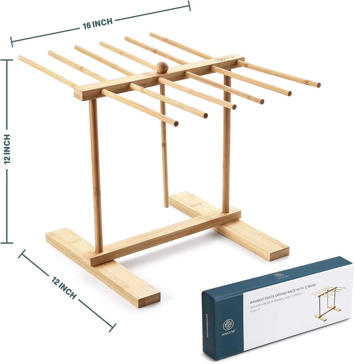 Bamboo Pasta Drying Rack with Transfer Wand and 12 Bars, Easy to Transfer for Drying Pasta and Cooking, Special Suspension Design for Large Storage