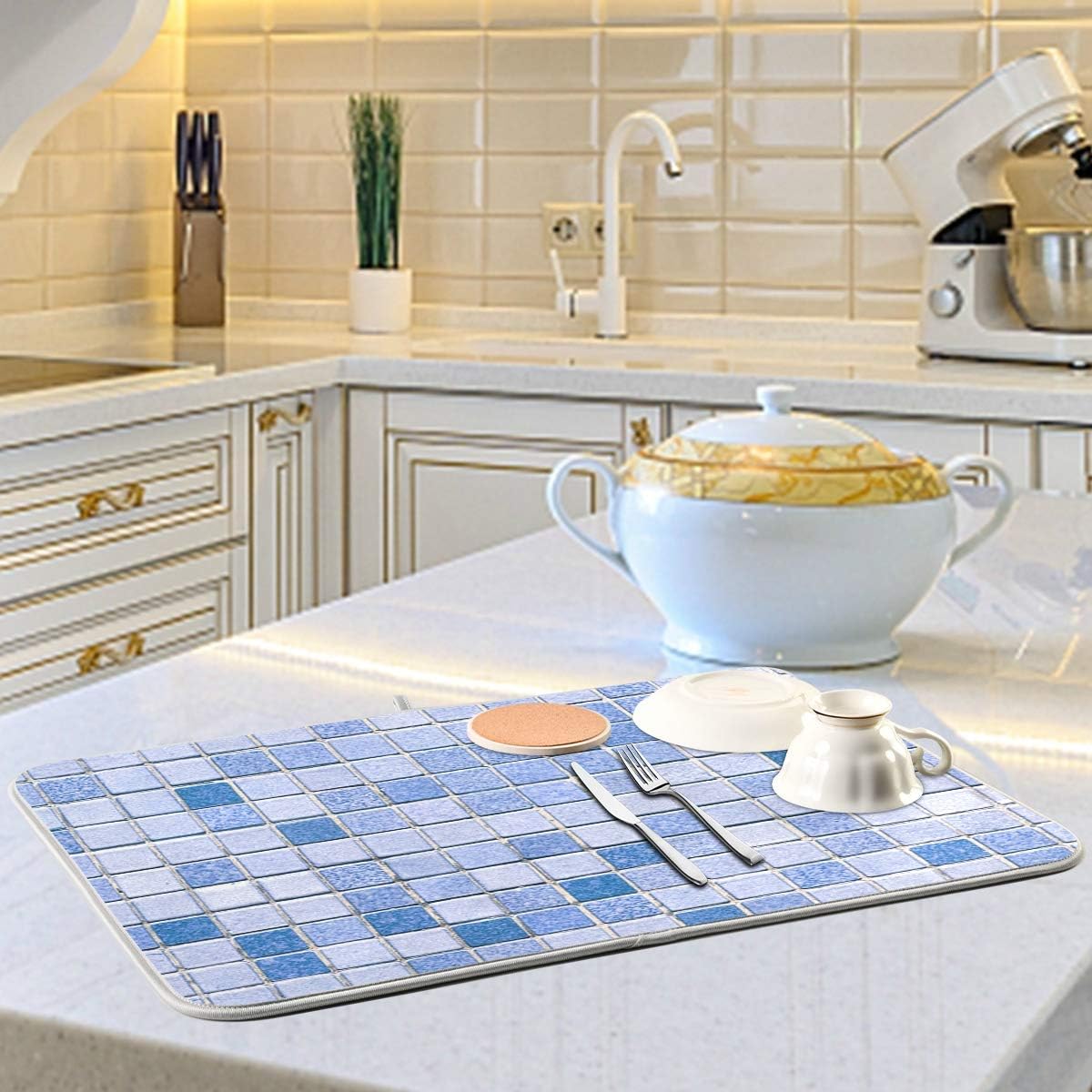 Super Absorbent Dish Drying Mat, Microfiber Fast-Drying Dish Mat, 24" x 18", Kitchen Dish Drying Pad Mosaic Pattern…