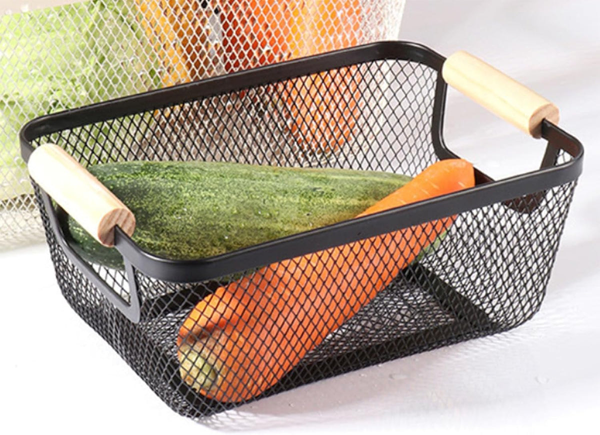 2 Pack Metal Mesh Steel Basket, Small Wire Storage Organizer Basket Multi-function Hanging Kitchen Basket Fruit Baskets with Wood Handle for Kitchen Picnic Cabinet Home Decor, Rectangle-Black