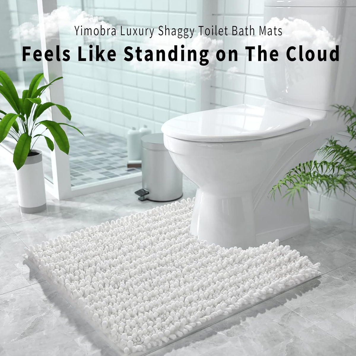 Yimobra Toilet Rugs U Shaped 24x20, Soft Comfortable Absorbent Chenille Toilet Mat for Bathroom Floor, Non-Slip Contour Bathroom Rugs for Toilet, Dry Quickly Machine Washable, White