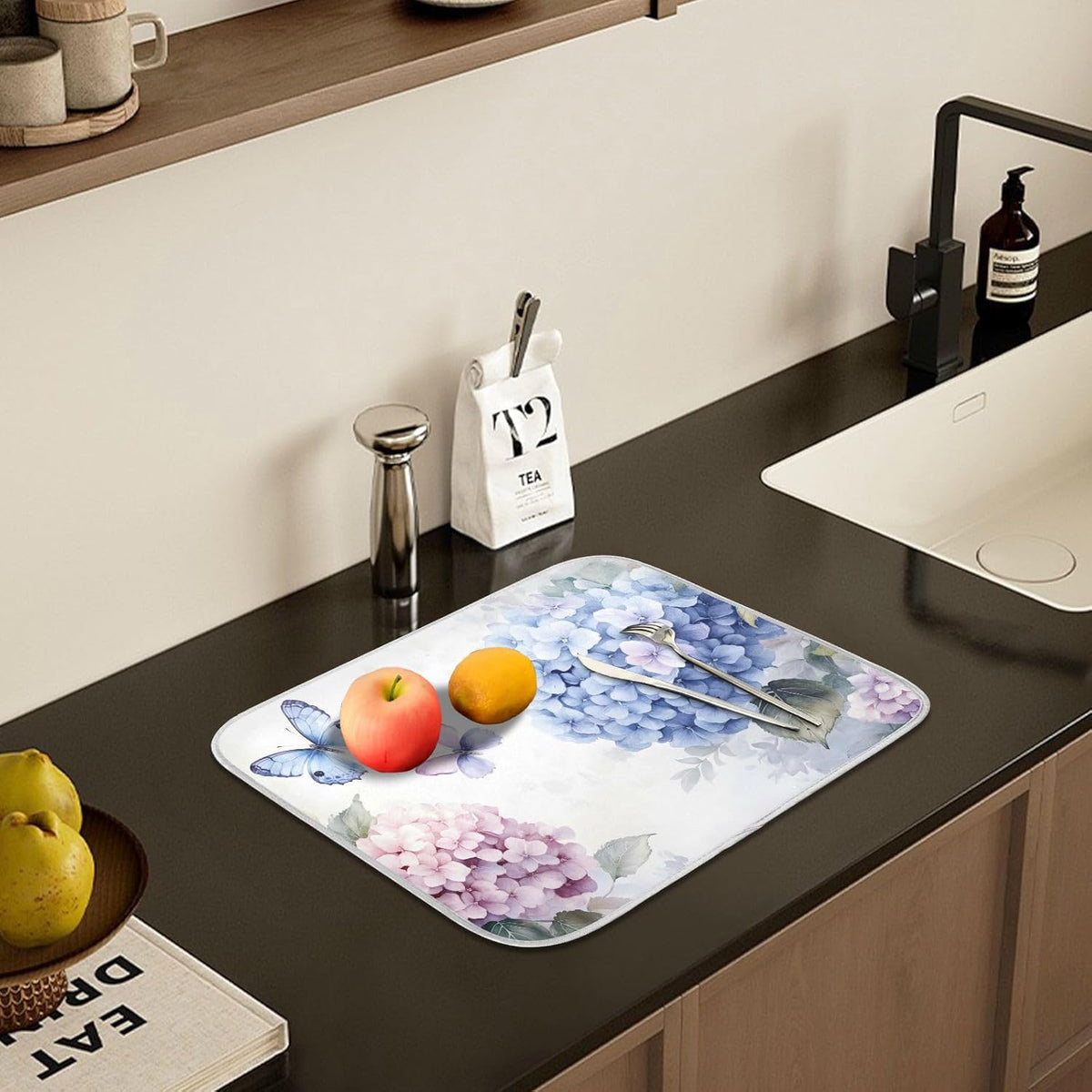 Blue Pink Hydrangea Spring Floral Dish Drying Mat for Kitchen Counter Absorbent Microfiber Small Drying Pad Dish mats for Kitchen Countertops 16 x 18 Inch