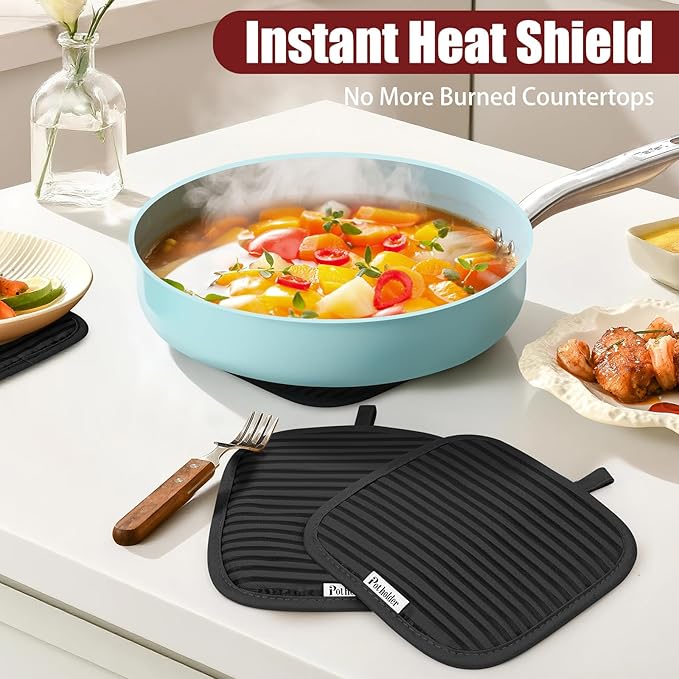 Oven Mitts and Pot Holder Sets with Silicone Grip, 500°F Heat Resistant-6 Pack Dishcloth/Dish Towels for Kitchen 100% Cotton-Value Kitchen Essentials for Cooking, Baking, Grilling-Black