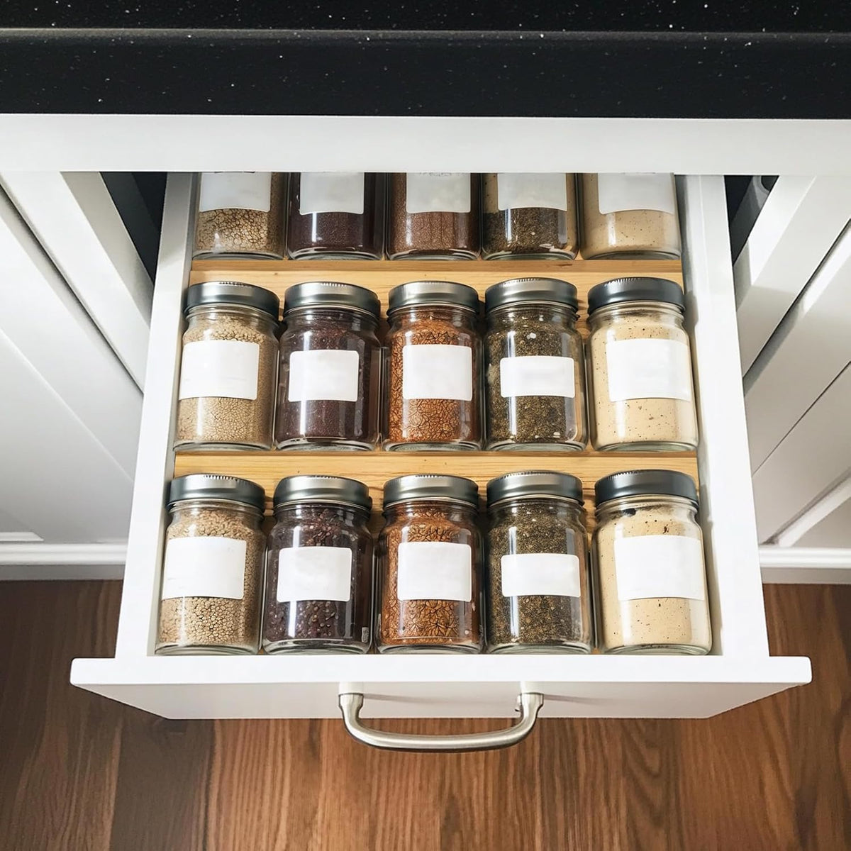 Bamboo Spice Rack For Drawer,4Pcs Tier Stackable Seasoning Storage Organizer Insert,for Kitchen Condiments Storage Insert(Jars Not Included,Combined Size:18.9" D x 9.5" W x 1.8" H)