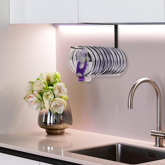 Tumbler Lid Organizer, Horizontal Tumbler Lid Storage Hook Up to 10 Lids, Space Saving Cup Lid Holders Under Cabinet Tumbler Lid Hook for Kitchen Organizer and Storage,Hanging Paper Towel Rack Hanger