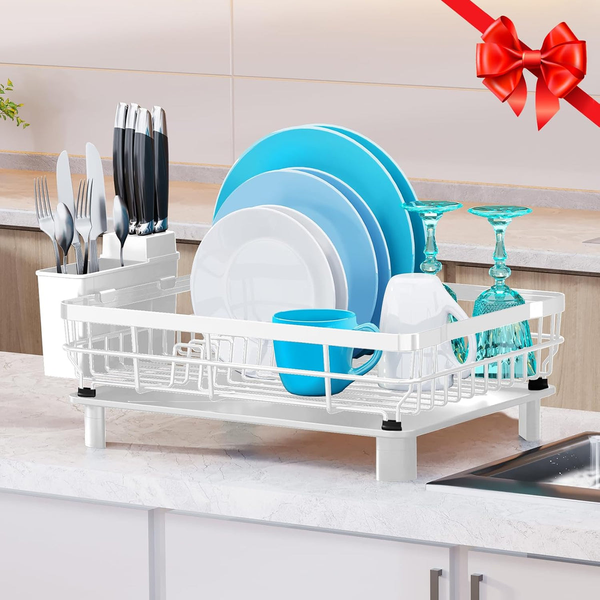 MOUKABAL Dish Drying Rack, Dish Rack, Large Dish Racks for Kitchen Counter, Drying Rack Kitchen with Removable Utensil Holder, Drainboard 16.9" x 12.9" x 5.9"(White)