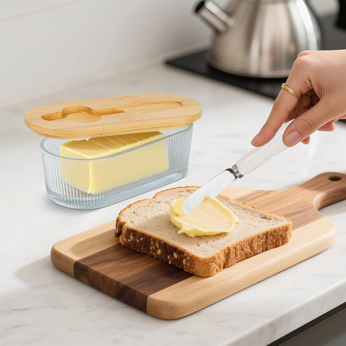 Butter Dish with Lid, Butter Container for Countertop, Butter Tray Butter Keeper with Bamboo Lid and Stainless Steel Knife, Glass Butter Dish Perfect for East/West Coast Butter