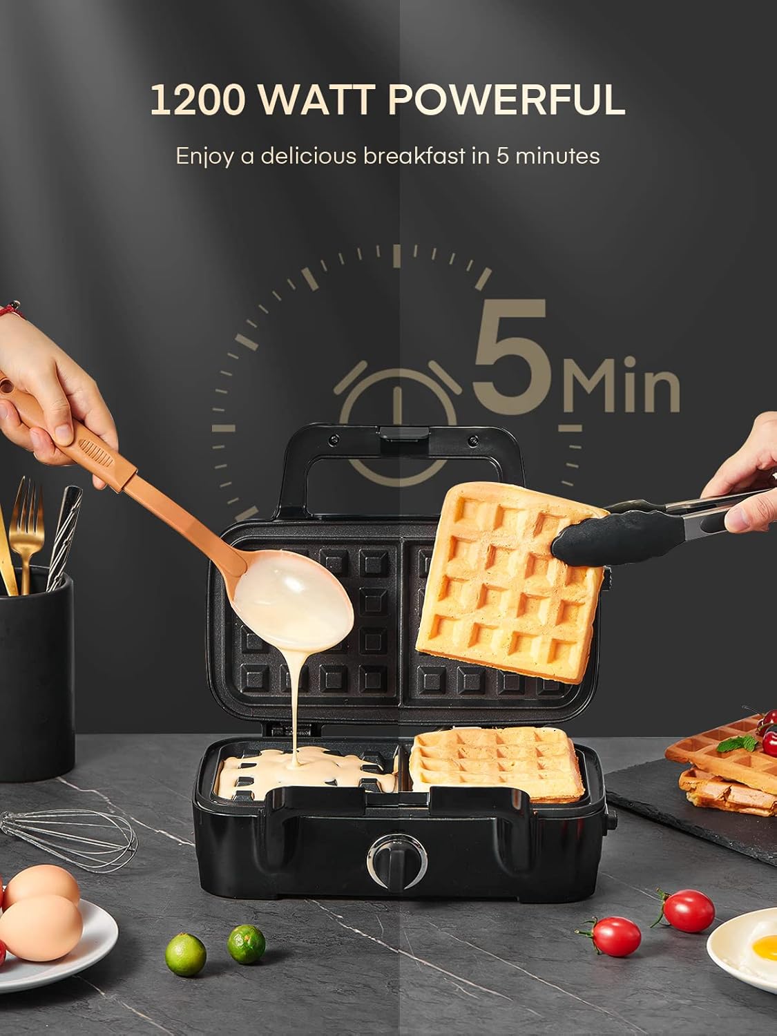 FOHERE Sandwich Maker 3 In 1 Waffle Maker With Removable Plates,Grilled Cheese Maker, 5-gear Temperature Control, Non-stick Coating Easy to Clean, Indicator Lights, Silver/Black