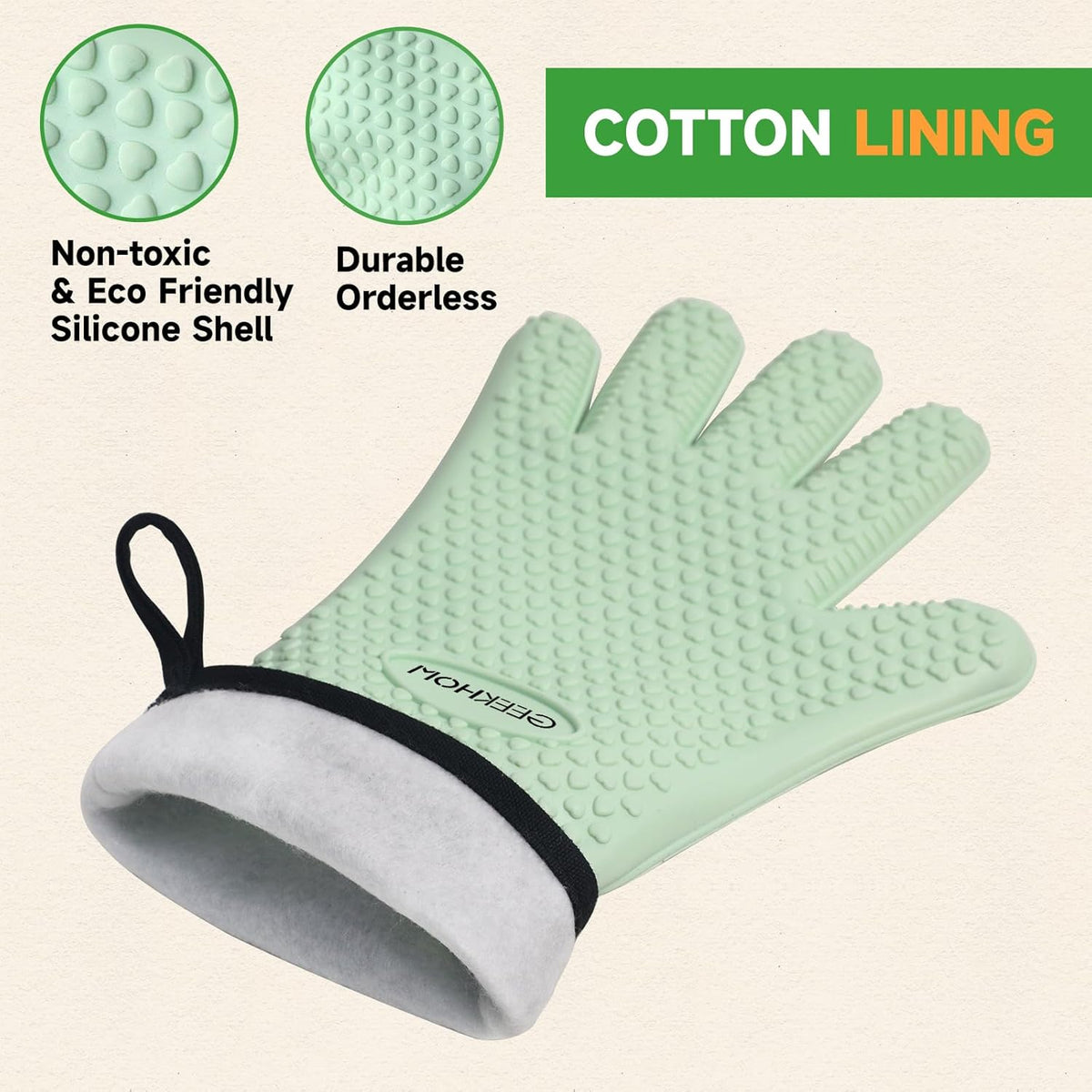 GEEKHOM BBQ Gloves Heat Resistant Oven Mitts - Silicone Grilling Gloves with 13.7" Arm Protection - Waterproof Pot Holder Non-Slip for Men & Women, Kitchen Outdoor Cooking, Baking, Camping, Mint Green