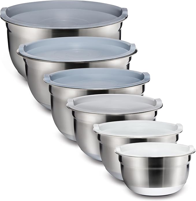 COOK WITH COLOR Stainless Steel Mixing Bowls Set with Lids - Nesting Bowls with Non-Slip Bottom, Grey, 12 Pieces