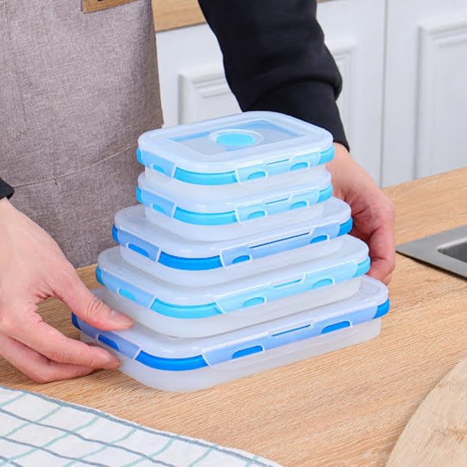 ECOBERI Collapsible Silicone Food Storage Containers, BPA Free, Microwave, Freezer and Dishwasher Safe, Lunch, Meal Prep, Travel, Space-Saving, Set of 5