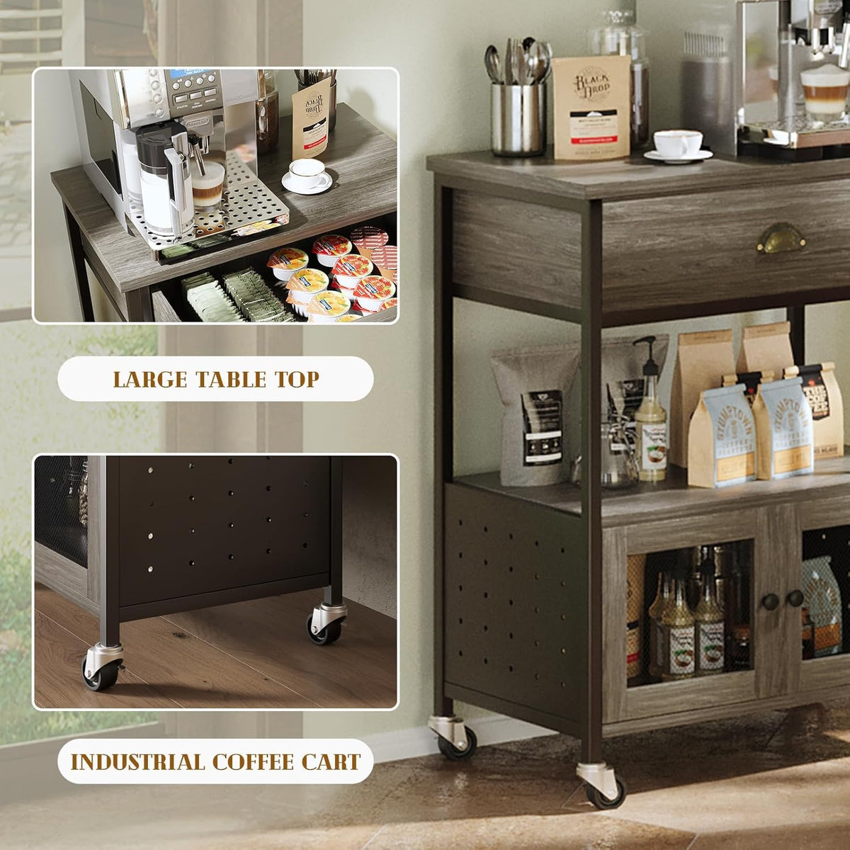 Catrimown Coffee Cart Station, Coffee Stand Station, Small Microwave Stand with Drawer, Movable Farmhouse Coffee Station Table on Wheels for Living Room, Entryway, Dining Room, Kitchen, Wash Grey