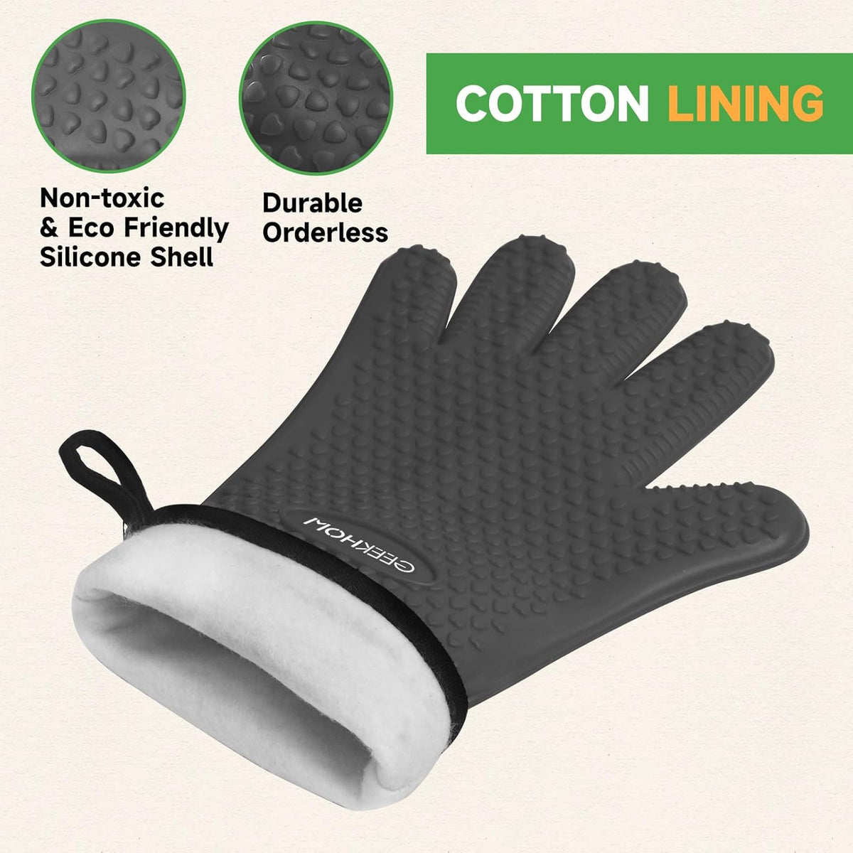 GEEKHOM BBQ Gloves Heat Resistant Oven Mitts - Silicone Grilling Gloves with 13.7" Arm Protection - Waterproof Pot Holder Non-Slip for Men & Women, Kitchen Outdoor Cooking, Baking, Camping, Gray
