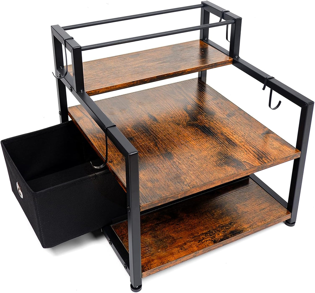 3-Tier Coffee Syrup Organizer (12 Bottles Capacity), Stepped Design Syrup Rack with Fabric Drawer, Liquor Bottle Display Shelf, Bottle Holder for Liquor, Coffee, Spice, Syrup