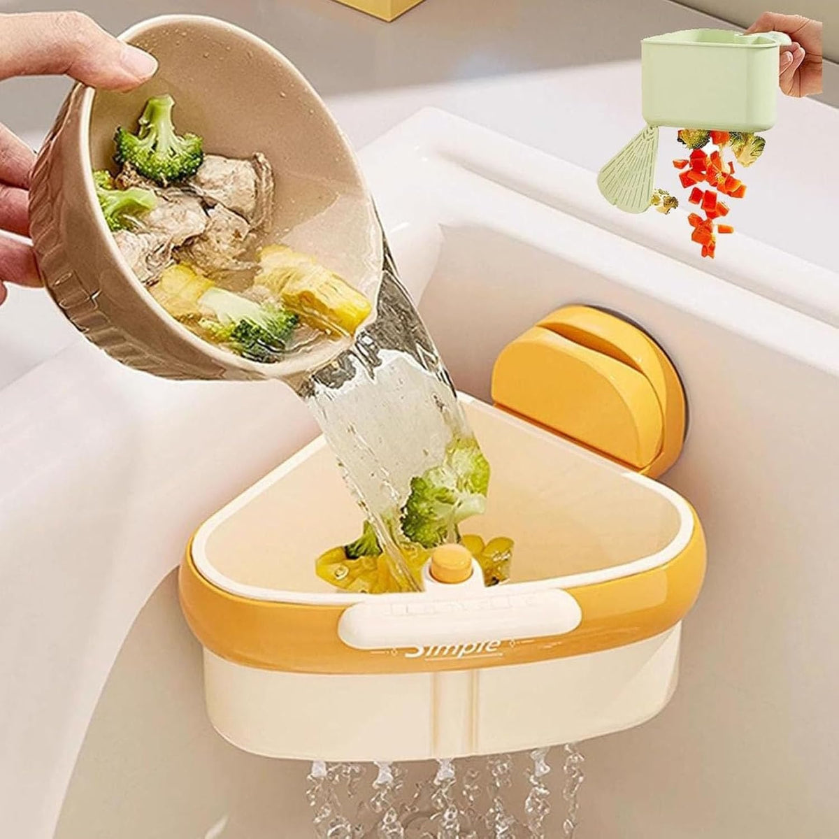 Suction Cup Sink Corner Rack, Curetoaway Corner Sink Strainer, Sink Trash Catcher, Plastic Triangular Baskets Corner Hanging, Rust Resistant, for Kitchen Food Waste (2Pcs Yellow)
