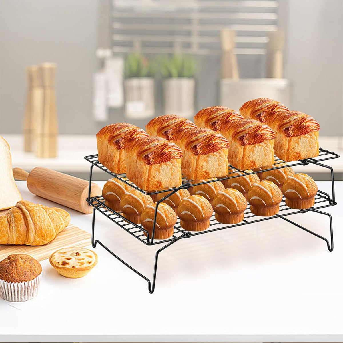 P&P CHEF Cooling Rack Set of 2, 2-Tier Stackable Stainless Steel Wire Racks for Baking Cooking Cooling Roasting, Collapsible & Heavy Duty, Oven Safe & Easy Clean, 15" x 10", Black