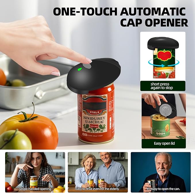 Rechargeable Auto Electric Can OpenerTouch Side Cut Opener Open Your Cans with A Simple Press of Button - Automatic,Smooth Edge,Food-Safe,for Kitchen for Seniors with Arthritis Small Size (Black)