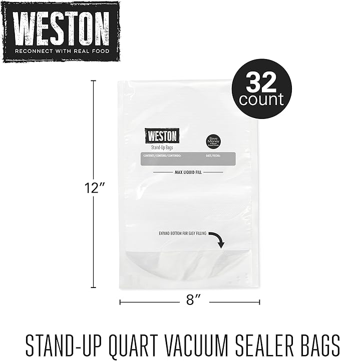 Weston Vacuum Sealer Bags, 8" x 12" (Quart), 32 count Stand-Up for Food and Liquid, 2 Ply 3mm thick, for NutriFresh, FoodSaver & Other Heat-Seal Systems, for Meal Prep and Sous Vide, BPA Free