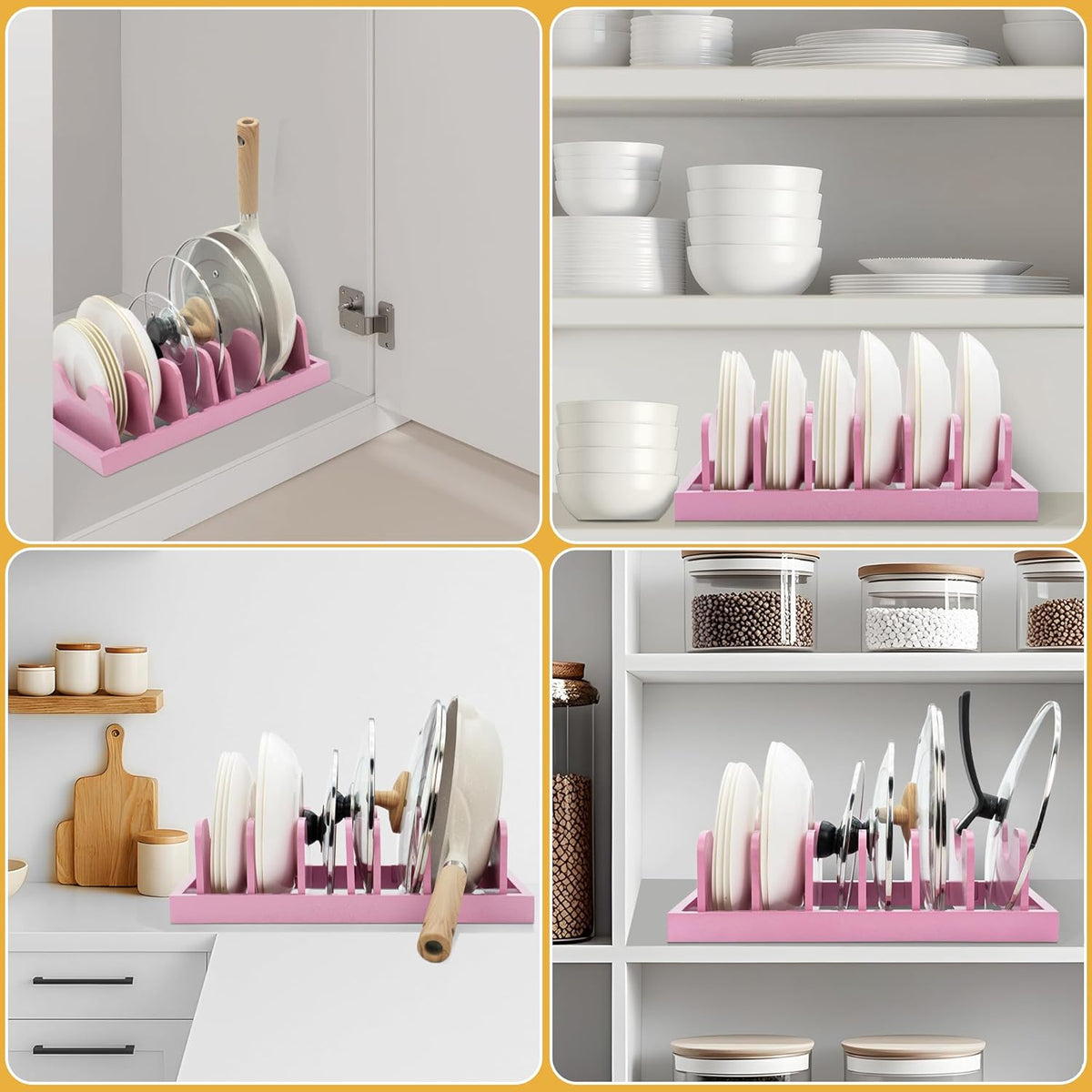 MinBoo Bamboo Pot Lid Organizer Pot Lid Holder, Pot and Pan Organizer Drawer Organizer for Pot Lids, Pans, Dinner Plates, Reusable Containers in Cabinet Storage,Pink