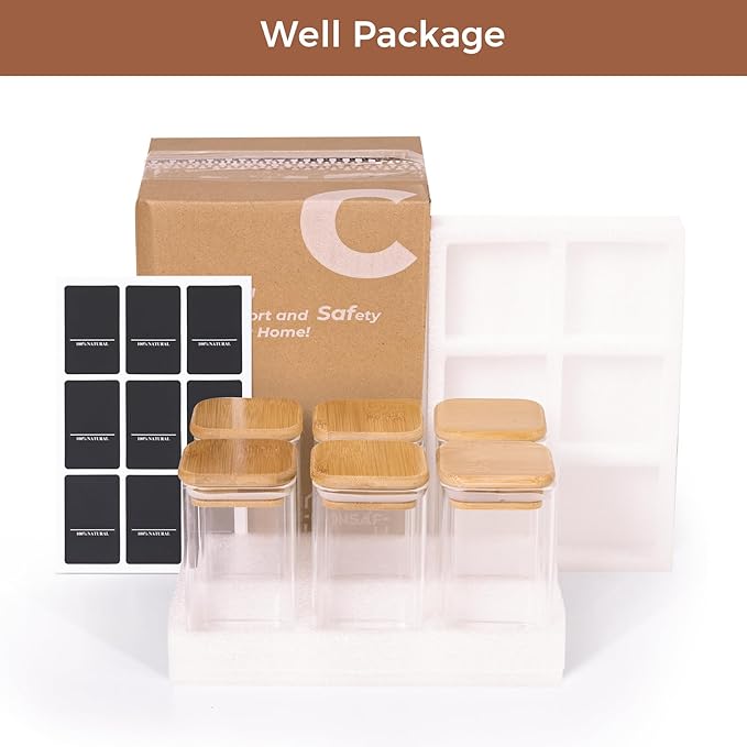 ComSaf 6Pcs 8oz Spice Jars with Label Trial Set, Glass Spice Jars with Bamboo Lids Supplementary Set, Seasoning Container Trial Pack, Perfect for Ktichen Starter