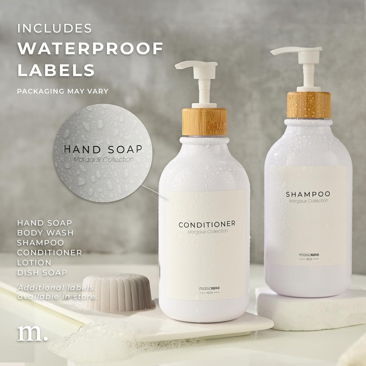 Maisonovo Plastic Soap Dispenser Set | Hand Soap and Dish Soap Dispenser Set | 16.9oz Amber Bottles with Black Bamboo Pump | Bathroom Lotion Dispenser with Pump Set of 2