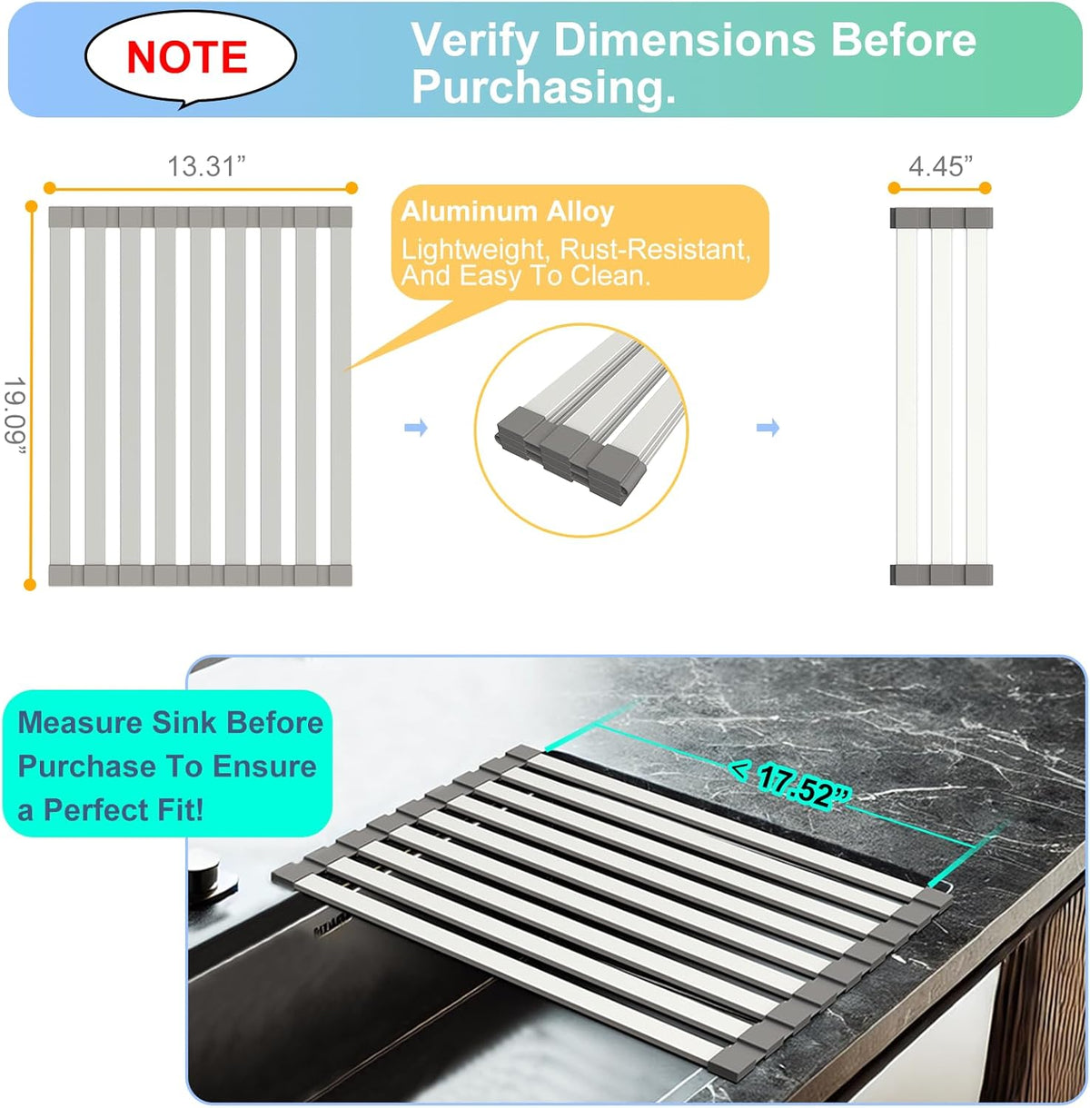 Mamakura Aluminum Alloy Foldable Sink Dish Rack & Cutting Board, 19.09"x13.31", Gray