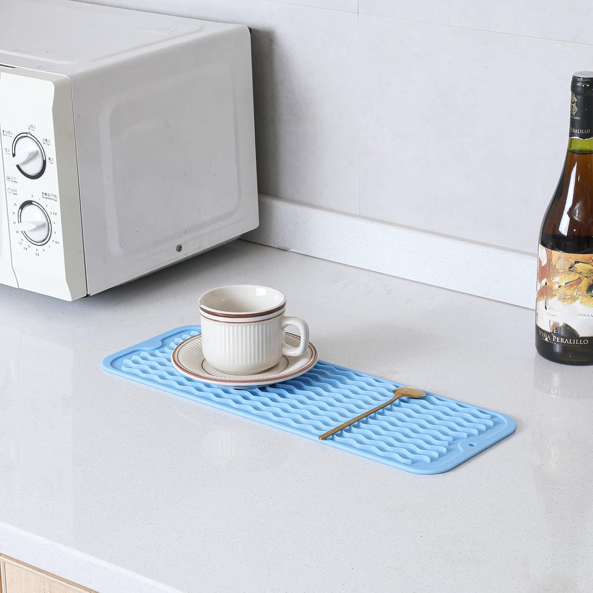 Silicone Dish Drying Mat for Multiple Usage,Easy clean,Eco-friendly,Heat-resistant Silicone Mat for Kitchen Counter,Sink,Bar,Bottle,or Cup Light Blue M 17 inches x 6 inches