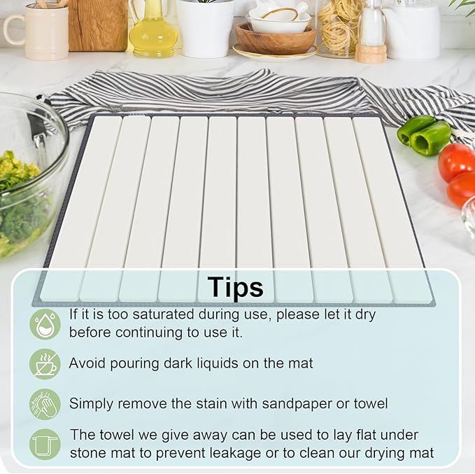 Stone Dish Drying Mat for Kitchen Counter,24"(L)×16"(W) Collapsible Fast-Drying Diatomaceous Earth Mats with Towel Sanding Tool,Versatile Stone Drying Mats for Cups Dishes Bottles