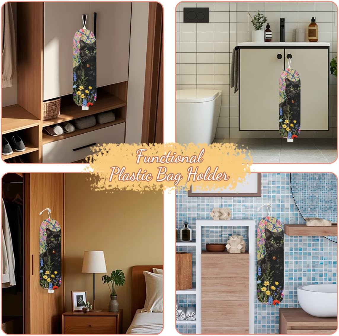 Flower Cat Plastic Bag Holder, Wall Mount Grocery Bag Holder, Plastic Storage bag, Pull Rope Free Adjustment, Plastic Bag Holders for Grocery Bags, Cat Lover Plastic Bag Dispenser for Home Kitchen