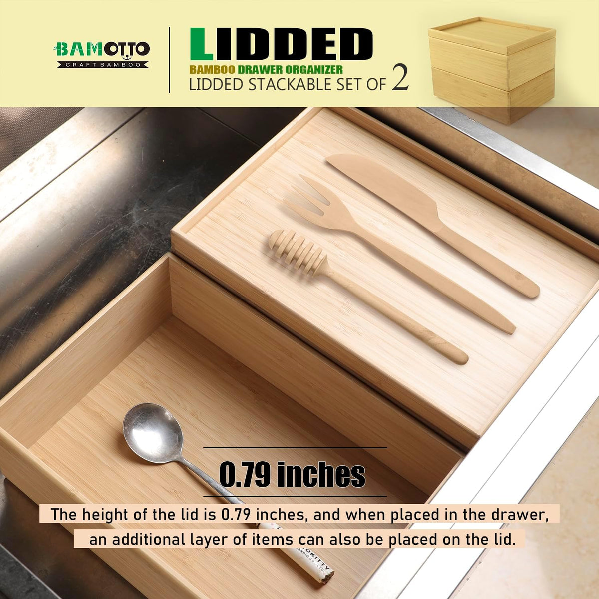 Stackable Bamboo Drawer Organizer Set – 2 Boxes with 1 Lid | Wood-Laminated Trays for Kitchen Utensils, Silverware & Flatware – Storage Fits Cabinets, Pantry, Bathroom & Office | 10.2"x7.3" (2-Pack)