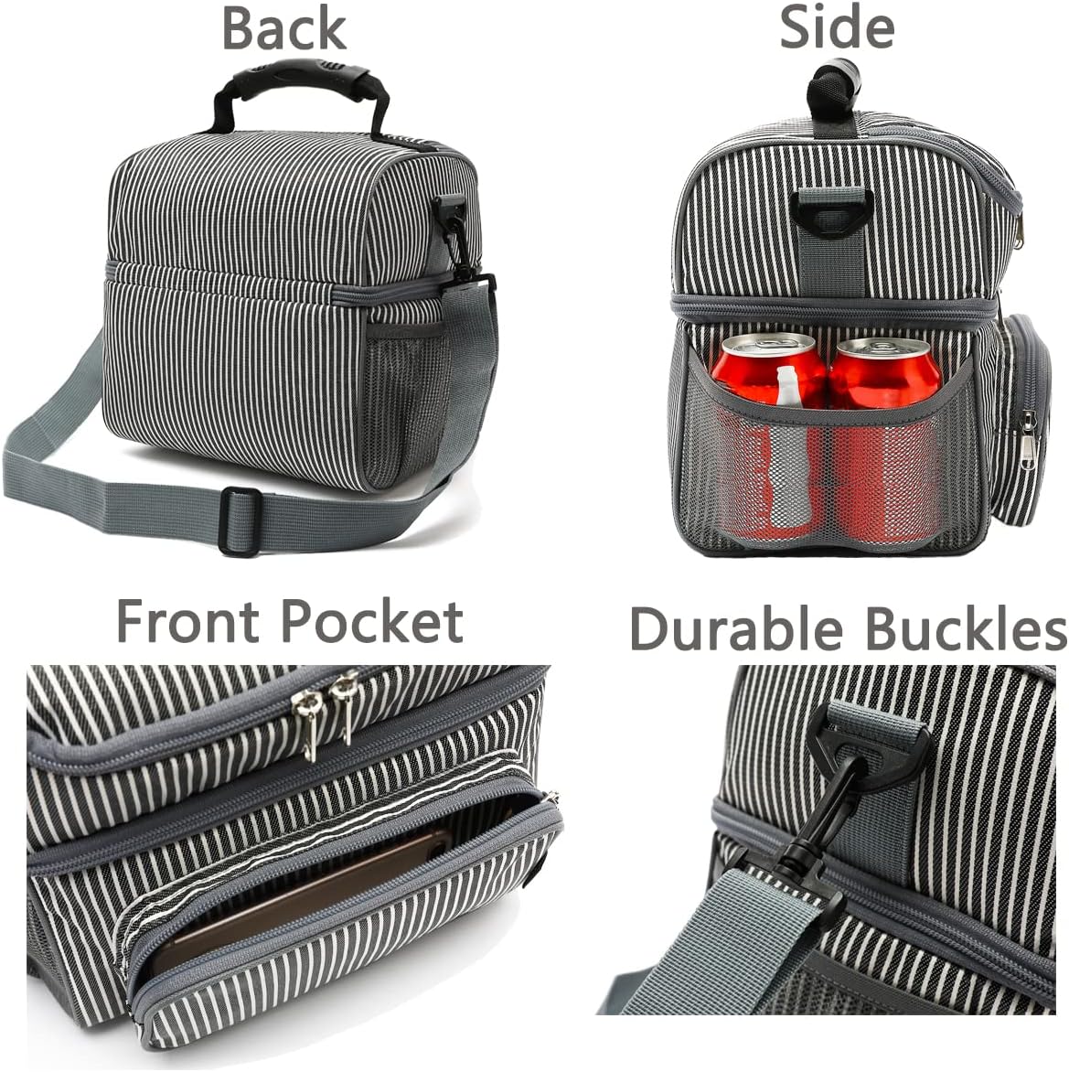 FlowFly Double Layer Cooler Insulated Lunch Bag Adult Lunch Box Large Tote Bag for Men, Women, With Adjustable Strap,Front Pocket and Dual Large Mesh Side Pockets