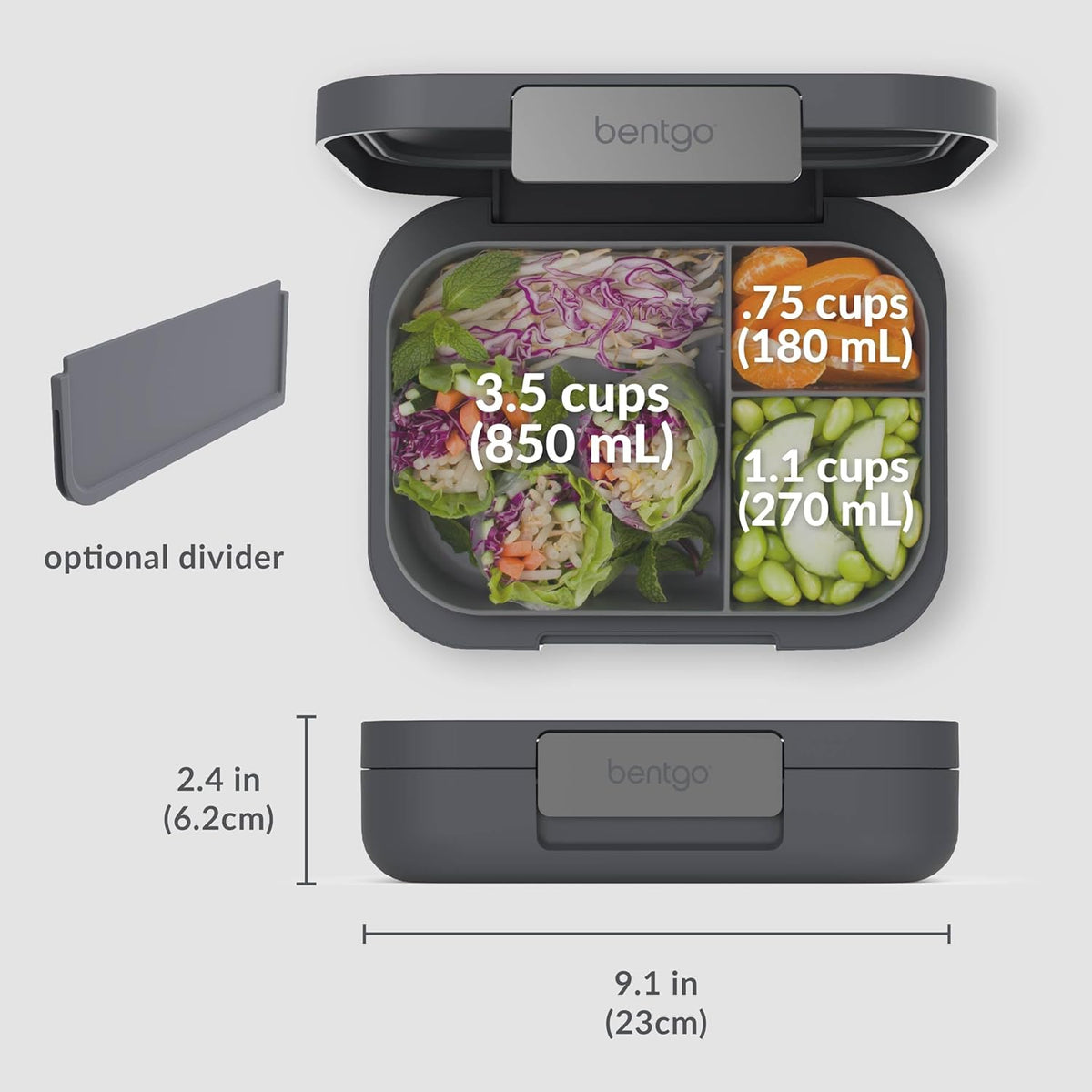 Bentgo Modern - Adult & Teen Bento Lunch Box; 3-4 Compartments, Leak-Resistant, 5.5 Cup Capacity/44 fl oz, Improved Locking Clips, Reusable, BPA-Free, Dishwasher/Microwave Safe Tray (Dark Gray)