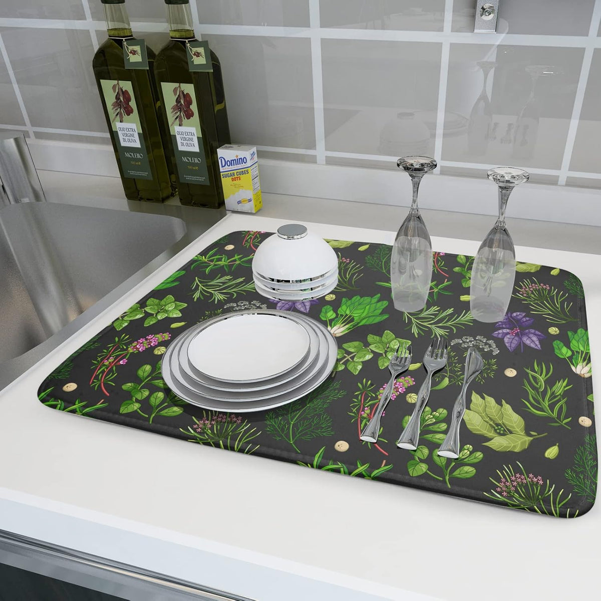 Herbs Dish Drying Mat for Kitchen Counter 18 X 24 Inch Microfiber Absorbent Dish Draining Mats Extra Large Green Plant
