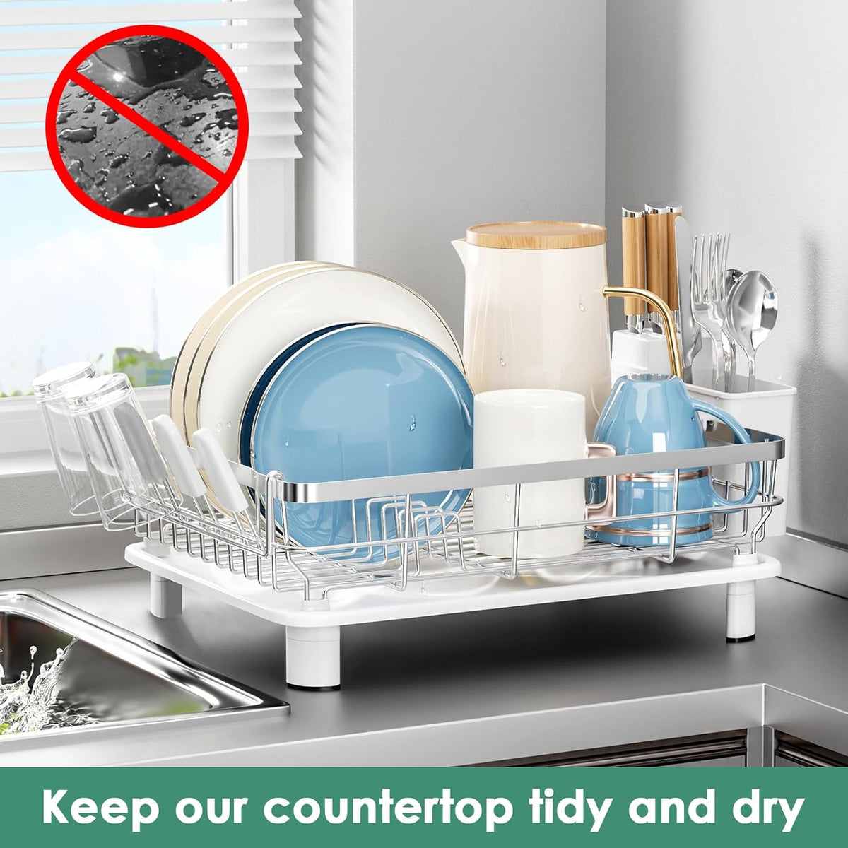 MOUKABAL Dish Drying Rack - Stainless Steel Dish Rack, Dish Racks for Kitchen Counter, Drying Rack Kitchen with Removable Utensil Holder, Drainboard and Glass Organizer (White)