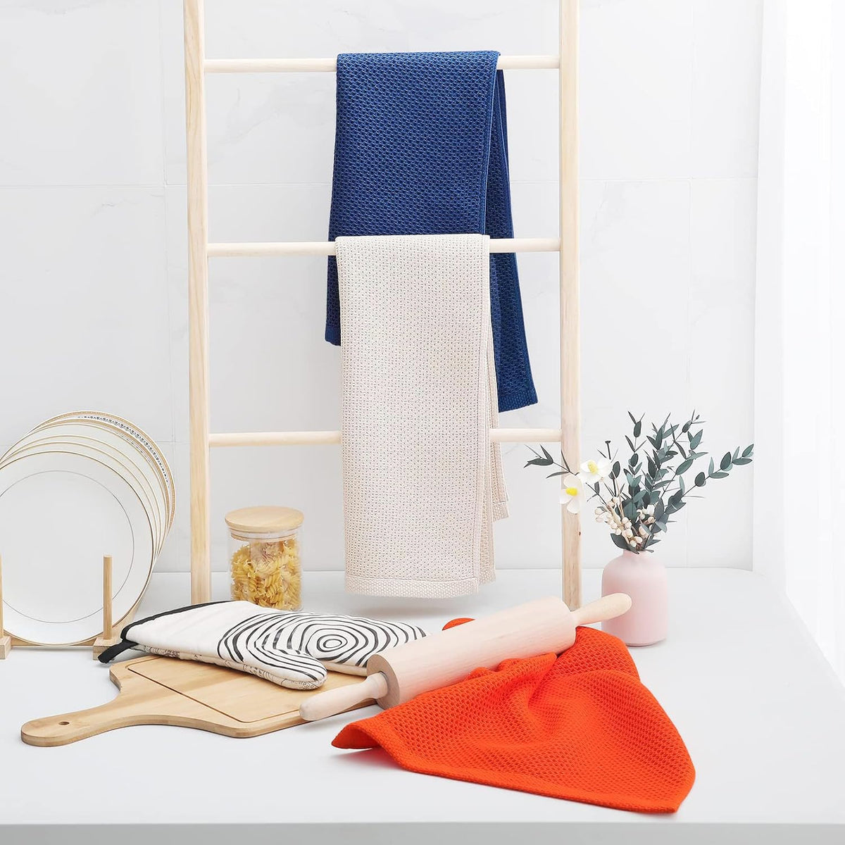 Homaxy 100% Cotton Waffle Weave Kitchen Dish Towels, Ultra Soft Absorbent Quick Drying Cleaning Towel, 13 x 28 Inches, 6-Pack, Navy Blue