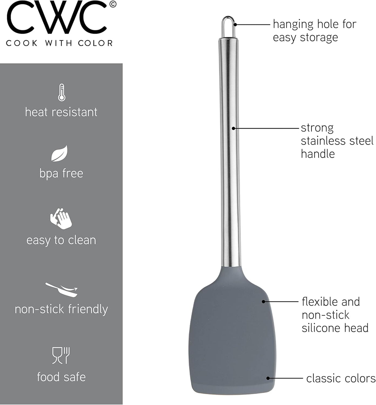COOK WITH COLOR Silicone Cooking Utensils, Kitchen Utensil Set, Easy to Clean Silicone Kitchen Utensils, Cooking Utensils for Nonstick Cookware, Kitchen Gadgets Set, 5 Pieces, Black/White