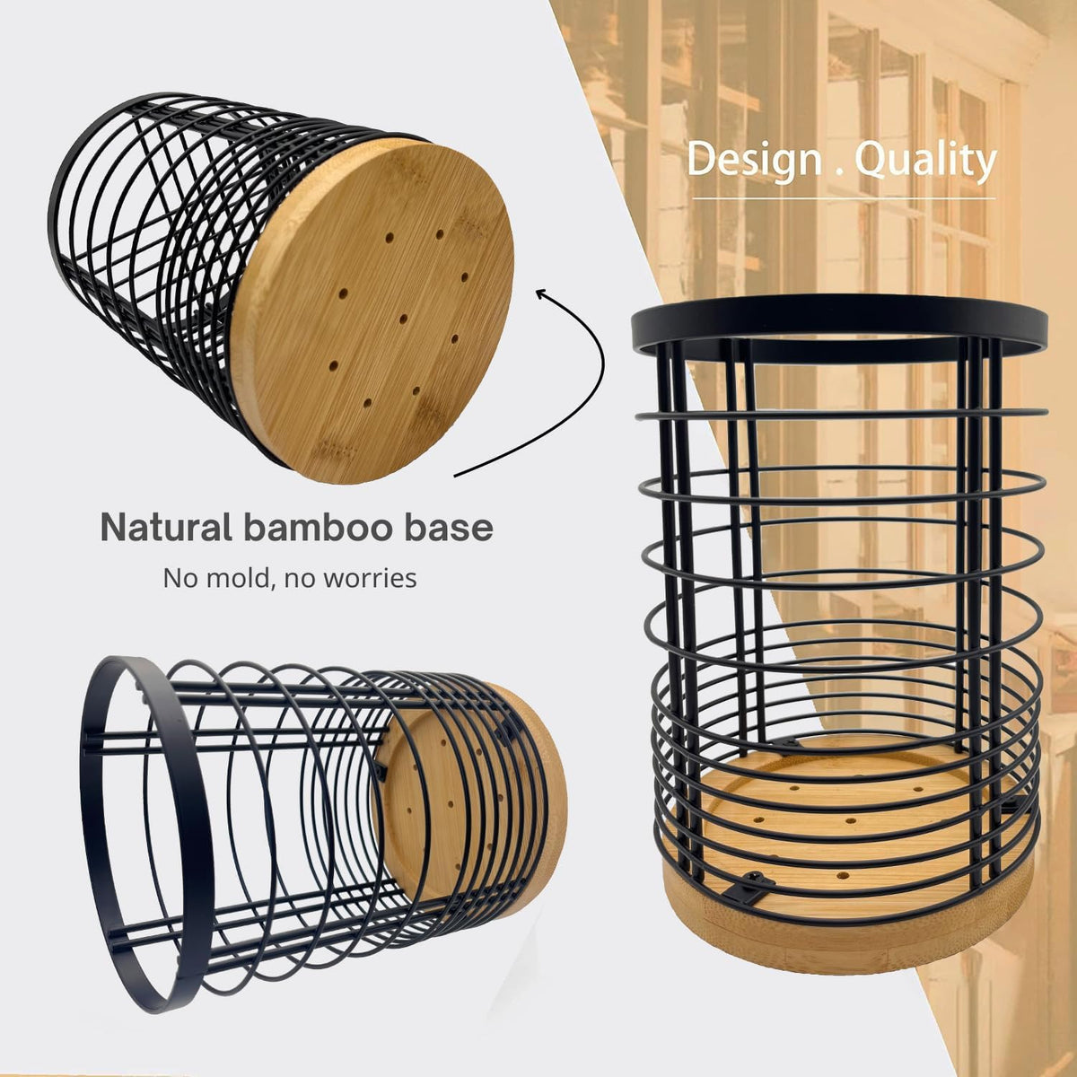 Utensil Holder with Removable Dividers, 7.2'' Large Capacity Kitchen Utensil Holder with Bamboo Base & Iron Mesh, Anti-Tip Design, 4 Partitions Utensils Holder Counter, Matte Black