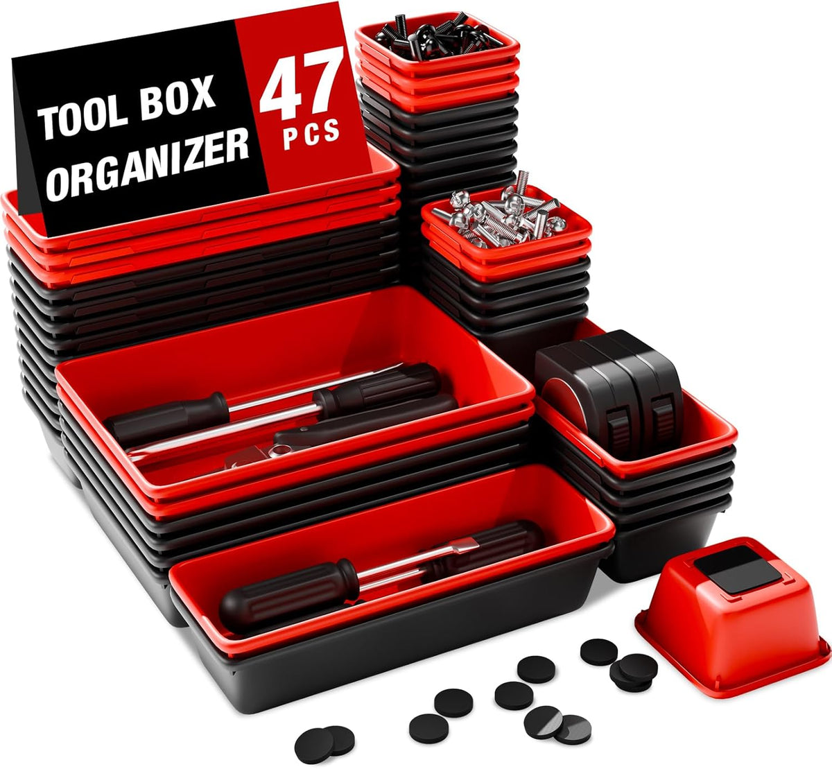 Toolbox Organzier Trays, Tool Chest Drawer Organizer with EVA Pads – 47pcs Black and Red Interlocking Trays for Workbench, Rolling Cart, Garage (Red & Black 47PCS)
