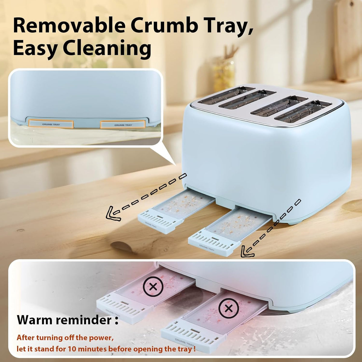 4-Slice Toaster 1.5" Extra Wide Slot Stainless Steel with High Lift Lever, 6 Presets & Bagel/Defrost/Cancel Function, Removal Crumb Tray, Under Base Cord Storage, Blue