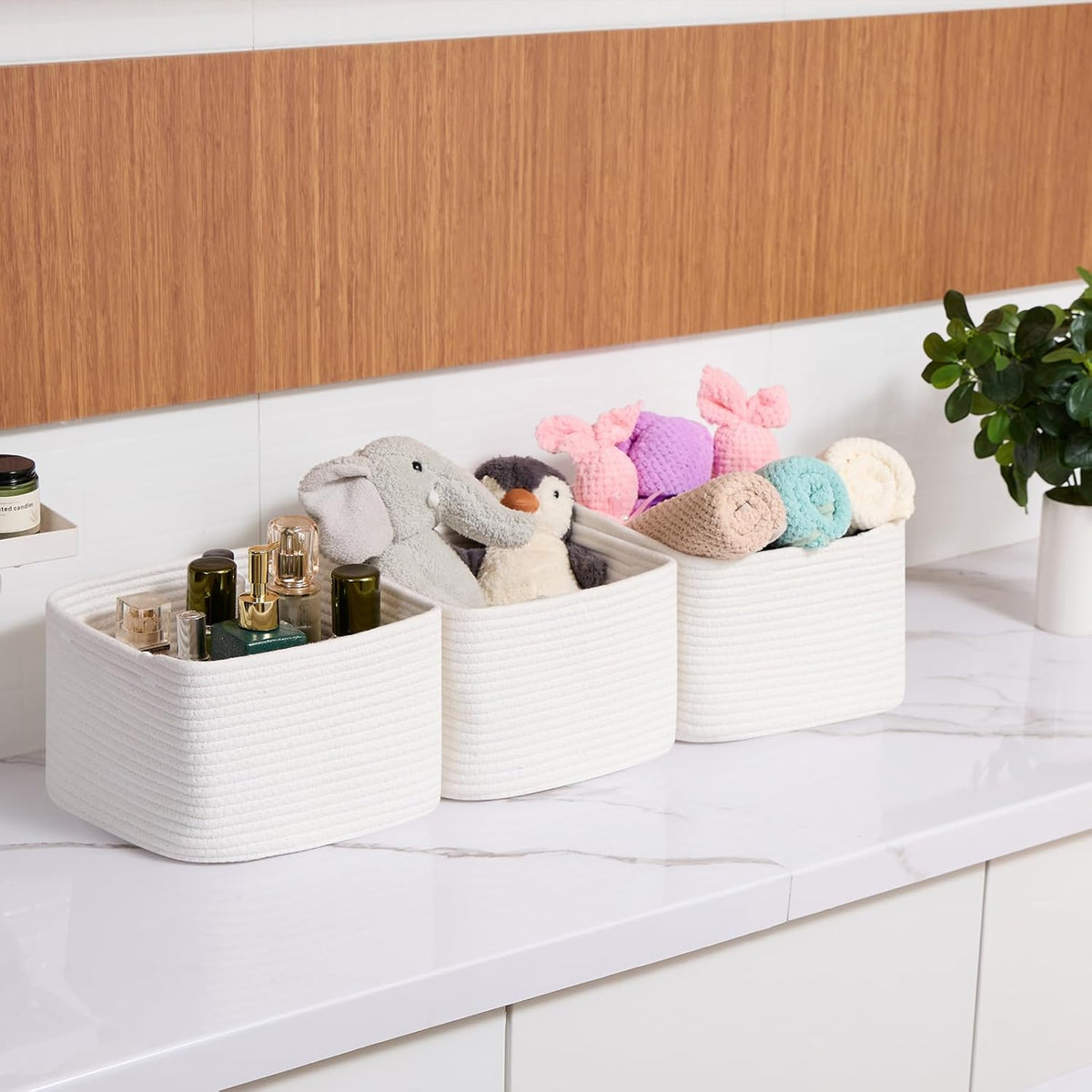Small Organizing Baskets for Cubes Shelf, 9.7x9.7x7.1 Inch Rope Woven Storage Bins for Nursery Shelves Storage, Cute Toy Basket, Square 3 Packs Off White