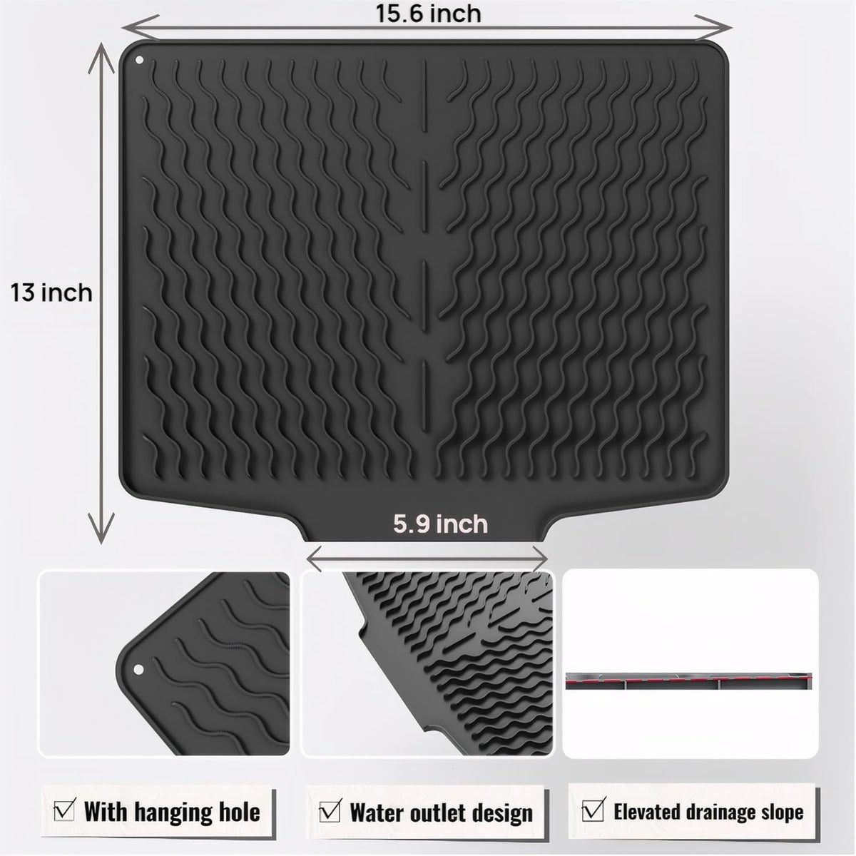 Dish Drying Mat with Drain, Silicone Mat for Kitchen Counter, Non-Slip Drainer Mat for Kitchen Sink, Countertop Dish Drying Rack, Heat Resistant Kitchen Accesories(Black, 15.6"x13")