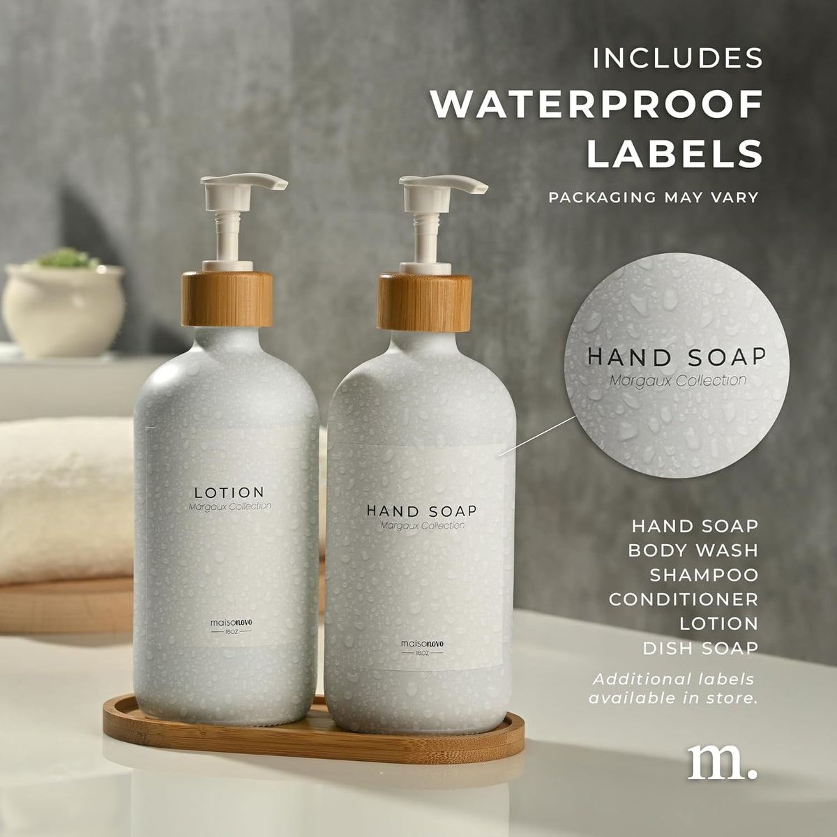 MaisoNovo Glass Soap Dispenser Bathroom Set | Hand Soap and Dish Soap Dispenser Set | 16.9oz White Bottles with White Bamboo Pump | Bathroom Lotion Dispenser with Pump Set of 2