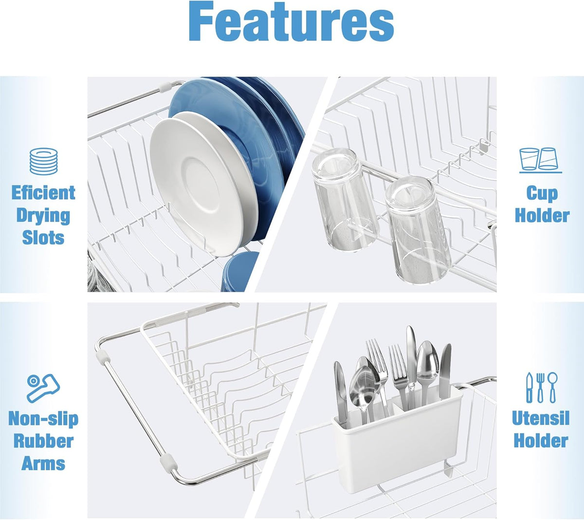 JASIWAY Dish Drying Rack in Sink, Small Dish Drainers for Inside Sink, Over The Sink Dish Racks, Stainless Steel Drying Rack with Utensil Holder, White