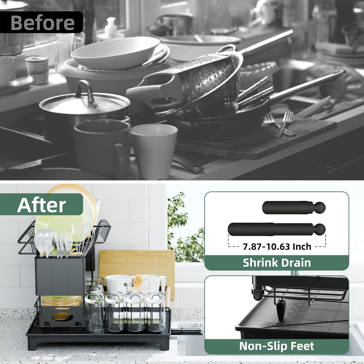 2 Tier Dish Drying Rack, Drying Rack with Automatic Drainboard, Dish Racks for Kitchen Counter, Rustproof Dish Drainer with Removable Utensil Holder, Cups Holder,Black