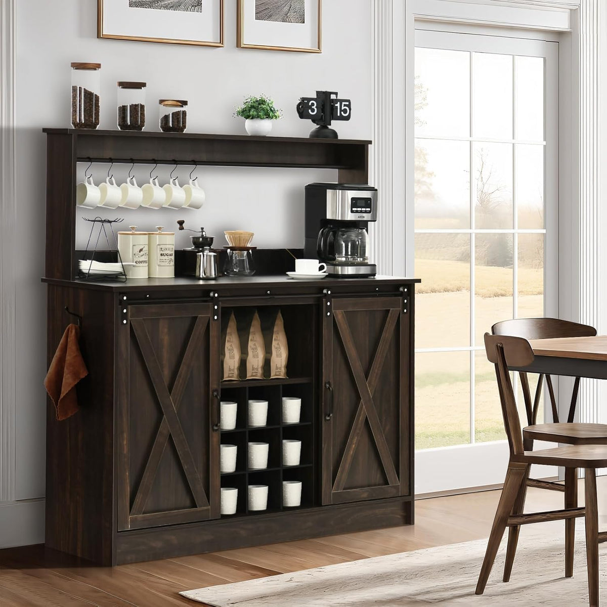 4ever2buy Farmhouse Coffee Bar Cabinet with 9 Wine Racks and 6 Hooks, 47 Inch Wine Cabinet with Storage, Kitchen Buffet Cabinet with Adjustable Shelves for Living Dining Room, Dark Oak
