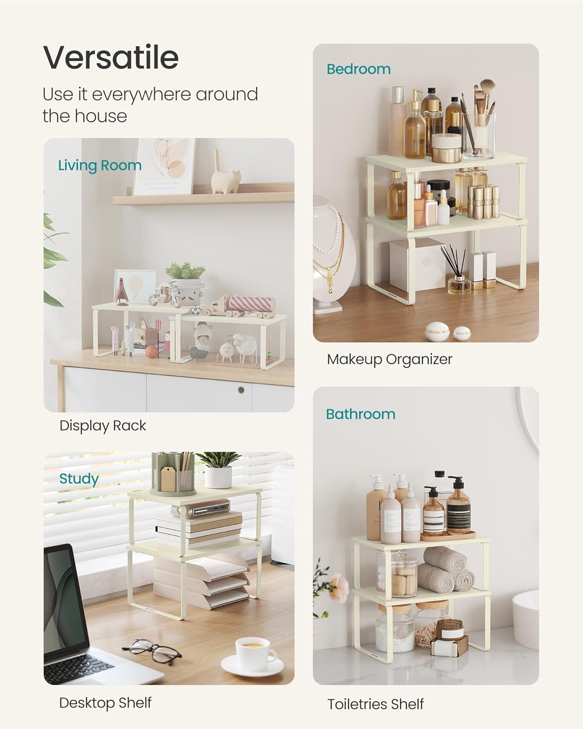 SONGMICS Cabinet Organizer Shelf, Set of 2 Kitchen Counter Shelves, Kitchen Storage, Spice Rack, Stackable, Expandable, Metal and Engineered Wood, Cream White UKCS002W02