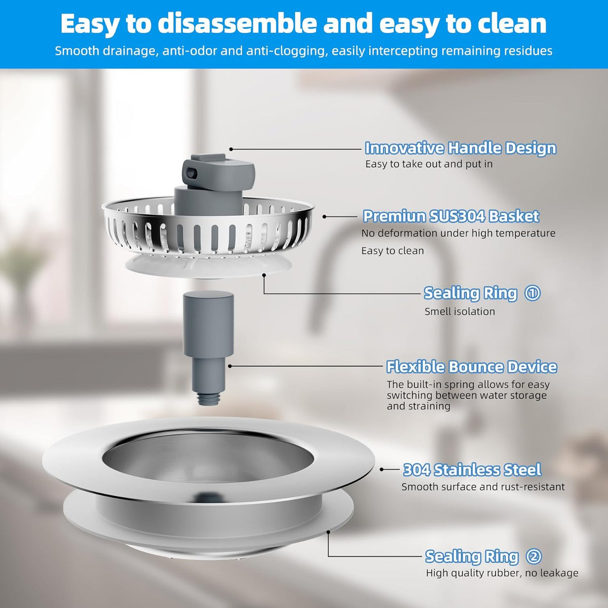 Hibbent 3 in 1 Kitchen Sink Drain Strainer, Stainless Steel Wrapped Shell Drain Stopper Combo, Pop Up Sink Stopper, 3 Anti-Clogging Metal Basket Strainer with Handle for US Standard 3-1/2" Drain