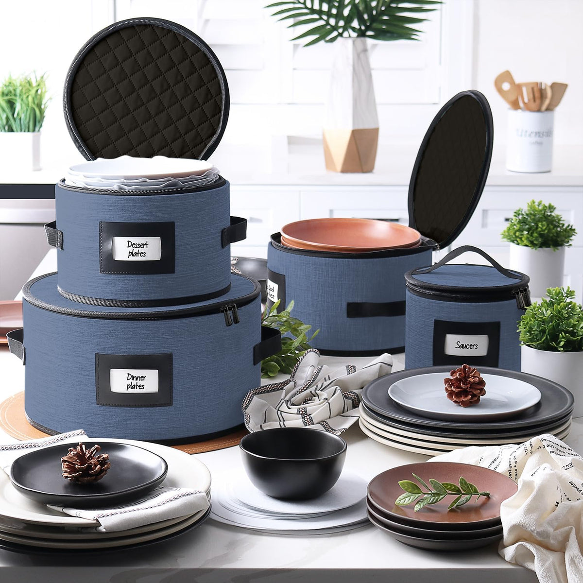 Fine China Storage Containers Hard Shell, 4 Piece Dish Storage Containers, Quilted Plate Containers, Stackable Dish Organizer with Dividers, Dinnerware Storage for Moving and Seasonal Storage, Blue